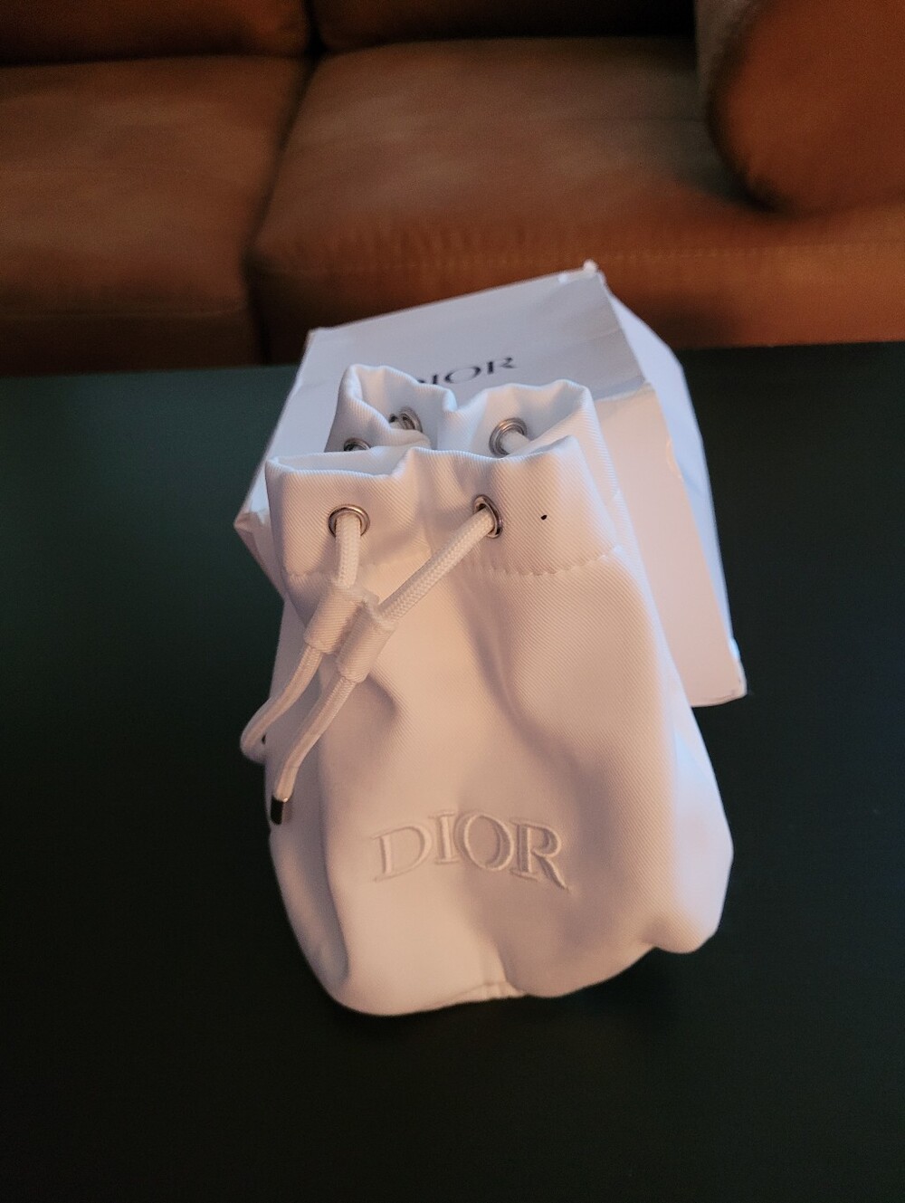Dior White Embossed Drawstring Pouch